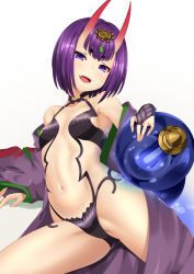 Rule 34 | 1girl, absurdres, bare shoulders, blush, bob cut, breasts, collarbone, eyeliner, fate/grand order, fate (series), headpiece, highres, horns, japanese clothes, kimono, long sleeves, looking at viewer, makeup, navel, oni, open clothes, open kimono, open mouth, purple eyes, purple hair, purple kimono, revealing clothes, short eyebrows, short hair, shuten douji (fate), skin-covered horns, smile, solo, thighs, yamachi (xadp7533)