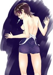 Rule 34 | 1girl, ass, azuma ren, bare back, breasts, brown eyes, brown hair, clothes pull, artistic error, food, from behind, glasses, k-on!, looking back, manabe nodoka, medium breasts, mouth hold, nipples, one-piece swimsuit, one-piece swimsuit pull, popsicle, profile, pussy juice, school swimsuit, short hair, solo, swimsuit