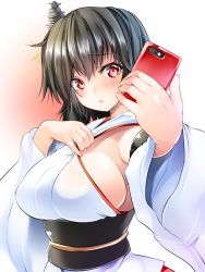 Rule 34 | 1girl, black hair, blush, breasts, cellphone, detached sleeves, hair ornament, headgear, japanese clothes, kantai collection, large breasts, looking at viewer, maki (seventh heaven maxion), nontraditional miko, phone, red eyes, short hair, sideboob, smartphone, solo, upper body, wide sleeves, yamashiro (kancolle)