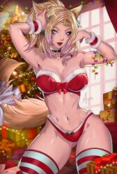 Rule 34 | 1girl, absurdres, amaterasu (amaterasumikami), animal ears, bikini, blonde hair, blue eyes, blurry, blurry background, box, breasts, cat ears, cat tail, christmas, christmas tree, facial mark, final fantasy, final fantasy xiv, freckles, gift, gift box, gluteal fold, grey eyes, heterochromia, highres, large breasts, lights, looking at viewer, merry christmas, miqo&#039;te, navel, red bikini, red headwear, ribbon, santa bikini, smile, solo, stomach, strapless, strapless bikini, striped clothes, striped thighhighs, swimsuit, tail, thighhighs, warrior of light (ff14), whisker markings, wrist cuffs