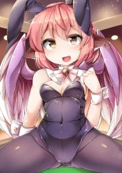 Rule 34 | 1girl, animal ears, bird wings, black pantyhose, blush, breasts, brown eyes, cleavage, covered navel, detached collar, earrings, fake animal ears, fang, fun bo, jewelry, leotard, looking at viewer, medium breasts, mystia lorelei, open mouth, pantyhose, pink hair, playboy bunny, rabbit ears, shiny clothes, short hair, single earring, sitting, smile, solo, sparkle, spread legs, touhou, wings, wrist cuffs