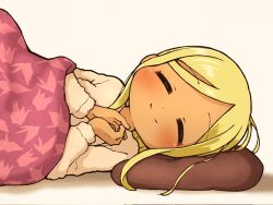 Rule 34 | 1girl, blonde hair, blush, check commentary, closed eyes, commentary request, dot nose, facing viewer, highres, idolmaster, idolmaster cinderella girls, kotatsu, layla (idolmaster), long hair, long sleeves, lying, mugenhouyou, on side, own hands together, pillow, shadow, sidelocks, smile, solo, sweater, table, under kotatsu, under table, white background, white sweater