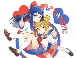 Rule 34 | 10s, 2girls, :3, artist name, bkub (style), blouse, blue eyes, blue hair, blue sailor collar, blue skirt, blurry, bow, brown footwear, censored, commentary request, copyright name, hair bow, heart, kneehighs, loafers, long hair, long sleeves, middle finger, midori foo, midriff, mosaic censoring, multiple girls, neckerchief, one side up, parody, pipimi, pleated skirt, poptepipic, popuko, red bow, red neckerchief, sailor collar, shirt, shoes, short hair, sidelocks, simple background, skirt, socks, style parody, twitter username, white background, white legwear, white shirt, yellow eyes, yellow neckerchief