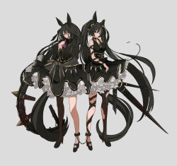 Rule 34 | 2girls, absurdly long hair, absurdres, amano haruka (sakogamitokuan), animal ears, ankle cuffs, black hair, blush, breasts, chain, collar, dark souls (series), dark souls ii, dress, executioner&#039;s chariot, hand on own chest, high heels, highres, horse ears, horse girl, long hair, long sleeves, multiple girls, personification, red eyes, simple background, single leg pantyhose, sleeveless, sleeveless dress, torn clothes, torn legwear, twintails, very long hair