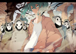Rule 34 | 1girl, 6+others, antlers, antlers through headwear, aqua eyes, aqua hair, arms at sides, bare tree, blue pants, brick wall, bright pupils, broken pillar, broken wall, closed mouth, collarbone, commentary, day, dust, eyewear on head, hair between eyes, hatsune miku, hood, hood up, hooded coat, horns, horns through headwear, jacket, letterboxed, long sleeves, looking at viewer, mask, masked, multiple others, open clothes, open jacket, outdoors, pants, red-framed eyewear, red jacket, ruins, serirari, shirt, skull mask, sky, suna no wakusei (vocaloid), sunglasses, translated, tree, twintails, uneven eyes, upper body, v-shaped eyebrows, vocaloid, white shirt, wind