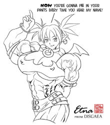 Rule 34 | abs, bat wings, biceps, collar, disgaea, earrings, etna (disgaea), jewelry, mikazuki dono, monochrome, muscular, naughty face, nipples, outline, pointing, skirt, skull, twintails, veins, wings