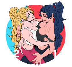 Rule 34 | alternate color, blue eyes, blue hair, breast press, breasts, circle, cleavage, collarbone, dual persona, earrings, high ponytail, hug, jewelry, kogashirou, large breasts, long hair, nail polish, off shoulder, original, parted lips, player 2, red eyes, red nails, smirk, stud earrings, tank top, v