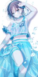 Rule 34 | 1girl, :o, antenna hair, aqua eyes, arm up, asakura toru, badge, blue choker, blue shorts, blue skirt, bubble, button badge, choker, collarbone, ear piercing, from above, hair between eyes, hair ornament, highres, idolmaster, idolmaster shiny colors, looking at viewer, lying, misumi (macaroni), multicolored hair, navel, on back, open mouth, piercing, see-through, see-through skirt, short hair, short sleeves, shorts, simple background, skirt, solo, thigh strap, two-tone hair, two-tone shirt, water, wet, wet hair, white background, x hair ornament