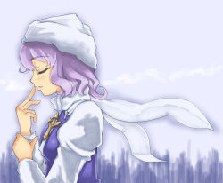 Rule 34 | 1girl, blush, closed mouth, female focus, from side, kusogappa, letty whiterock, long sleeves, profile, purple hair, scarf, short hair, solo, touhou, upper body, white scarf