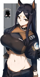 Rule 34 | 1girl, 1other, ambiguous gender, animal ears, arknights, black gloves, black hair, border, breasts, bright pupils, chibi, chibi inset, crop top, dobermann (arknights), doctor, dog ears, gin moku, gloves, hand on own hip, highres, large breasts, long hair, midriff, navel, outside border, parted bangs, short eyebrows, white border, white pupils