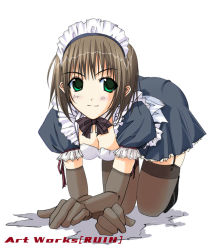 Rule 34 | 1girl, all fours, breasts, brown hair, cleavage, elbow gloves, garter straps, gloves, green eyes, hiro (art works ruin), looking at viewer, maid, maid headdress, original, short hair, simple background, smile, solo, split mouth, thighhighs, white background, zettai ryouiki