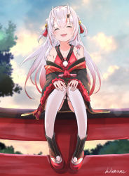 Rule 34 | 1girl, :d, ^ ^, absurdres, bell, black kimono, black panties, blush, checkered sash, closed eyes, commentary request, double bun, facing viewer, fang, grey hair, hair bell, hair bun, hair ornament, highres, hilamaru, hololive, horns, japanese clothes, jingle bell, kimono, long hair, multicolored hair, nakiri ayame, nakiri ayame (1st costume), obi, oni, open mouth, panties, red hair, ribbon trim, sash, signature, sitting, skin-covered horns, smile, solo, streaked hair, thighhighs, two side up, underwear, very long hair, virtual youtuber, white thighhighs