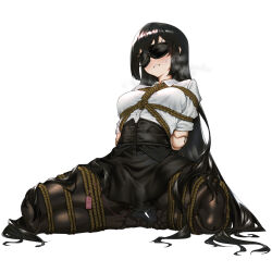 Rule 34 | 1girl, absurdres, arms behind back, bananaoishi, bdsm, between breasts, black hair, black pantyhose, black skirt, blindfold, bondage, bound, bound arms, bound legs, breasts, clenched teeth, collared shirt, covered eyes, doll joints, dress shirt, facing viewer, full body, heavy breathing, highres, joints, long hair, manic rebellion, medium breasts, original, pantyhose, remote control vibrator, restrained, rope, sex toy, shibari, shibari over clothes, shirt, short sleeves, simple background, sitting, skirt, solo, spread legs, teeth, underbust, variant set, very long hair, vibrator, vibrator cord, vibrator under clothes, white background, white shirt