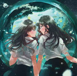 Rule 34 | 2girls, air bubble, black skirt, blouse, blush, bubble, closed mouth, comic yuri hime, eye contact, fly (marguerite), from behind, hair between eyes, hair ornament, hairclip, long hair, looking at another, multiple girls, parted lips, pleated skirt, profile, school uniform, shirt, short sleeves, skirt, tareme, underwater, white shirt, yuri