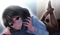 Rule 34 | 1boy, 1girl, :p, black hair, blue sweater, blurry, blurry background, blush, bulge, buruma, erection, erection under clothes, feet, hair between eyes, hand on another&#039;s hip, holding, indoors, irori (irorixc), looking at viewer, lying, no shoes, on stomach, original, pantyhose, penis milking, pov, soles, solo focus, sweater, tongue, tongue out, twitter username, vacuum cleaner