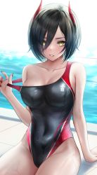 Rule 34 | 1girl, absurdres, alternate costume, arm support, azur lane, bare shoulders, black hair, black one-piece swimsuit, blue hair, breasts, cleavage, clothes pull, collarbone, commentary request, commission, competition swimsuit, covered navel, eyes visible through hair, fingernails, gradient hair, groin, hair between eyes, hair over one eye, highres, horns, iron blood (emblem), large breasts, long fingernails, looking at viewer, moleshi, multicolored hair, nail polish, one-piece swimsuit, one-piece swimsuit pull, parted lips, partial commentary, pixiv commission, pool, poolside, red horns, red nails, shadow, short hair, sidelocks, sitting, solo, swimsuit, ulrich von hutten (azur lane), water, wet, wet clothes, wet swimsuit, white background, white hair, yellow eyes