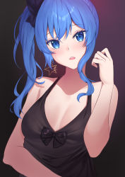 Rule 34 | 1girl, absurdres, bare shoulders, black dress, blue eyes, blue hair, blush, breasts, cleavage, dress, earrings, hair between eyes, hair ribbon, highres, hololive, hoshimachi suisei, jewelry, long hair, looking at viewer, majin (kiidoumajin), open mouth, ribbon, side ponytail, sleeveless, sleeveless dress, small breasts, solo, virtual youtuber