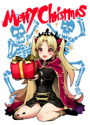 Rule 34 | 1girl, 2others, absurdres, black dress, black footwear, black panties, blonde hair, blush, bow, box, cape, cloak, commentary request, crown, dress, ereshkigal (fate), fate/grand order, fate (series), full body, gift, gift box, hair bow, happy tears, highres, hood, hood down, hooded cloak, long hair, merry christmas, multiple others, open mouth, panties, pantyshot, parted bangs, red cape, red cloak, red eyes, single thighhigh, sitting, skeleton, socks, solo focus, tearing up, tears, teeth, thighhighs, two side up, underwear, upper teeth only, very long hair, wariza, yotaro