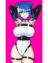 Rule 34 | 1girl, armpits, arms behind head, blue hair, breasts, chest belt, cowboy shot, double bun, duel monster, evil twin lil-la, grey eyes, hair bun, highres, horiguchiaoi, large breasts, lil-la (yu-gi-oh!), looking at viewer, official alternate costume, pink background, short hair, smile, two-tone background, white background, yu-gi-oh!
