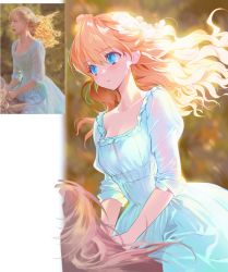 Rule 34 | 1girl, absurdres, blonde hair, blue dress, blue eyes, blurry, blurry background, dress, highres, looking to the side, parted lips, riding, seoji, solo