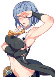 Rule 34 | 1girl, armpits, bare shoulders, blue hair, bra, bra pull, breasts, clothes lift, clothes pull, covered erect nipples, covering own eyes, fingerless gloves, gloves, groin, kurowa, lips, marguerite (unlight), midriff, navel, necktie, parted lips, presenting armpit, puffy nipples, robot, shirt lift, short hair, sideboob, solo, underwear, unlight