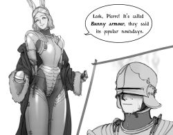 Rule 34 | 1boy, 1girl, absurdres, animal ears, armor, armored boots, blush, boots, breastplate, cloak, closed mouth, cowboy shot, english text, fake animal ears, gauntlets, grey background, helmet, highres, leotard, long sleeves, medieval, original, playboy bunny, rabbit ears, short hair, shoulder armor, smile, speech bubble, sweat, wass nonnam