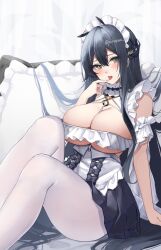Rule 34 | 1girl, azur lane, black hair, black ribbon, blush, breasts, choker, cleavage, frilled choker, frills, hair between eyes, hand on own face, hand rest, hand up, highres, indomitable (azur lane), indomitable (ms. motivationless maid) (azur lane), knees up, large breasts, long hair, looking at viewer, maid, maid headdress, miniskirt, official alternate costume, open mouth, pantyhose, pillow, pleated skirt, ribbon, sitting, skirt, solo, tongue, tongue out, twitter username, very long hair, white pantyhose, yellow eyes, yorugami rei