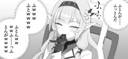 Rule 34 | 1girl, blue archive, blush, closed mouth, flower, gloves, greyscale, hair flower, hair ornament, hair tubes, hairband, hand to own mouth, highres, himari (blue archive), jacket, long hair, long sleeves, mole, mole under eye, monochrome, pointy ears, pun, shiomiya iruka, smile, solo, translation request