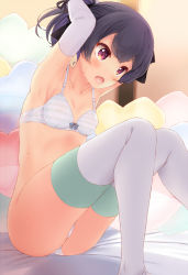 Rule 34 | 1girl, :o, armpits, black hair, blush, bra, breasts, collarbone, commentary, elbow gloves, feet out of frame, gloves, komone ushio, original, panties, purple eyes, sitting, small breasts, solo, striped bra, striped clothes, sweat, thighhighs, underwear, underwear only, white bra, white gloves, white panties, white thighhighs