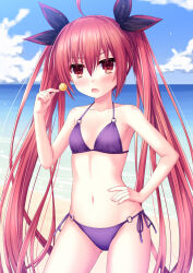 Rule 34 | 1girl, ahoge, beach, bikini, blue sky, breasts, candy, chupa chups, cloud, contrapposto, date a live, food, hair between eyes, hair ribbon, itsuka kotori, lollipop, long hair, looking at viewer, mayonaka underground, navel, ocean, open mouth, outdoors, purple bikini, red eyes, red hair, ribbon, side-tie bikini bottom, sky, small breasts, solo, swimsuit, thighhighs, twintails