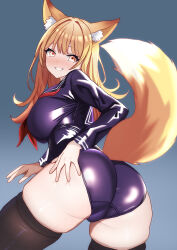 Rule 34 | 1girl, absurdres, animal ear fluff, animal ears, ass, ass focus, black thighhighs, blush, breasts, cowboy shot, deep skin, eyelashes, fox ears, fox girl, fox tail, from behind, gradient background, grey background, grin, hand on own ass, highres, large breasts, leaning forward, legs apart, light blush, light brown hair, long hair, long sleeves, looking at viewer, looking back, naughty face, no pants, nose blush, orange eyes, original, panties, purple panties, purple shirt, sailor collar, shiny clothes, shirt, skindentation, smile, solo, tail, tail raised, teeth, thick thighs, thighhighs, thighs, twisted torso, uma (uma mohumohu), underwear