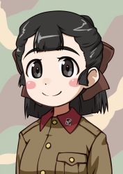 Rule 34 | 1girl, black eyes, black hair, blush stickers, brown jacket, brown ribbon, camouflage background, chi-hatan military uniform, closed mouth, commentary, girls und panzer, goriate, hair ribbon, half updo, hasegawa tatsu, jacket, long sleeves, looking at viewer, medium hair, military, military uniform, ponytail, portrait, ribbon, smile, solo, uniform