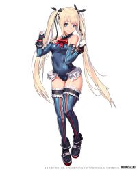Rule 34 | 1girl, ankle boots, belt boots, blonde hair, blue eyes, blue one-piece swimsuit, boots, commentary request, copyright name, dead or alive, dead or alive 5, destiny child, frills, full body, highres, kim hyung tae, latex, leotard, long hair, marie rose, official art, one-piece swimsuit, open mouth, platform footwear, simple background, smile, solo, standing, swimsuit, thighhighs, white background