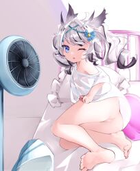 Rule 34 | 1girl, artist request, bare legs, barefoot, bird, blue eyes, breasts, floating hair, highres, indie virtual youtuber, legs, looking at viewer, mikazuki silvi, non-web source, off-shoulder shirt, off shoulder, one eye closed, open mouth, owl, owl ears, owl girl, shirt, small breasts, soles, source request, toes, virtual youtuber, white hair