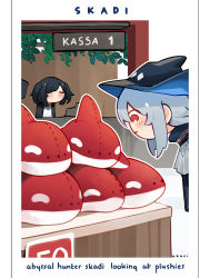 Rule 34 | 2girls, arknights, ascot, black hair, black headwear, black jacket, blush, cash register, commentary, english commentary, closed eyes, fake screenshot, grey ascot, grey hair, hat, highres, jacket, kani fish, long hair, multiple girls, no mouth, photo-referenced, red eyes, short hair, sidelocks, skadi (arknights), stuffed animal, stuffed orca, stuffed toy, translated, twintails, wikipedia