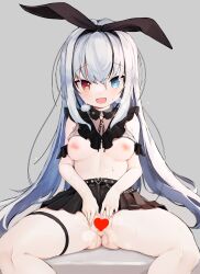 Rule 34 | 1girl, ass, black skirt, bow, breasts, censored, clothes lift, grey background, grey hair, hair bow, hands on own crotch, heart, heart censor, heterochromia, highres, long hair, looking at viewer, medium breasts, miniskirt, nipples, no bra, no panties, open mouth, original, pleated skirt, pussy, pussy juice, ribbon, shirt, shirt lift, short sleeves, simple background, sitting, skirt, skirt lift, smile, solo, spread legs, spread pussy, teranekosu, thigh strap, thighs, white shirt