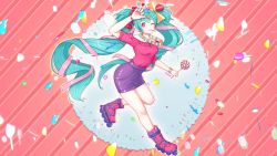 Rule 34 | 1girl, absurdly long hair, anniversary, aqua eyes, aqua hair, artist name, artist request, bare shoulders, blue eyes, blue hair, bow, candy, female focus, food, full body, hatsune miku, headphones, headset, highres, lollipop, long hair, nail, nail polish, one eye closed, pants, pink shirt, purple nails, purple pants, purple shorts, ribbon, ribbon trim, shirt, shorts, solo, stake, striped, striped bow, twintails, very long hair, vocaloid, yellow bow