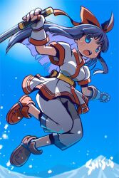 Rule 34 | 1girl, ainu clothes, artist name, blue eyes, blue hair, breasts, fingerless gloves, gloves, hair ribbon, large breasts, legs, long hair, looking at viewer, nakoruru, open mouth, pants, ribbon, samurai spirits, snk, solo, the king of fighters, thighs, weapon