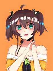 Rule 34 | 1girl, absurdres, bad id, bad pixiv id, breasts, brown hair, camisole, collarbone, disgust, eye contact, facing viewer, green eyes, hair between eyes, hair ornament, hair ribbon, highres, hololive, jacket, looking at another, looking at viewer, natsuiro matsuri, natsuiro matsuri (1st costume), open mouth, orange background, own hands together, pinstripe camisole, pinstripe pattern, pugpuggy, ribbon, self-upload, short twintails, simple background, solo, striped, twintails, virtual youtuber
