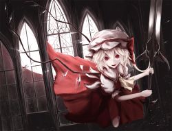 Rule 34 | 1girl, arm ribbon, ascot, bad id, bad pixiv id, blonde hair, collared shirt, dress shirt, fangs, flandre scarlet, frilled sleeves, frills, full moon, hair between eyes, hands up, hat, hat ribbon, holding, holding sword, holding weapon, midair, mob cap, moon, moose (moosu193), open mouth, pale skin, puffy short sleeves, puffy sleeves, red eyes, red moon, ribbon, shirt, short sleeves, side ponytail, skirt, skirt set, slit pupils, smile, solo, sword, touhou, upper body, vampire, vest, weapon, white shirt, window, wings