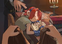 Rule 34 | 3boys, boku to maou, book, candle, chair, closed eyes, closed mouth, highres, kijima (amayadori-tei), map, multiple boys, ruka (boku to maou), short hair, sitting, sleeping, sleeveless, striped clothes, table