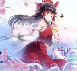 Rule 34 | 1girl, alternate eye color, ascot, bandages, bare shoulders, black hair, blue sky, blush, bow, branch, breasts, bug, butterfly, butterfly wings, cherry blossoms, chinese commentary, closed mouth, cloud, cloudy sky, coin, collared shirt, commentary request, detached sleeves, flying, frills, gradient sky, grass, hair between eyes, hakurei reimu, hand up, highres, house, insect, insect wings, jiji (381134808), long hair, long sleeves, looking at viewer, medium breasts, midriff peek, orange eyes, petals, red bow, red shirt, red skirt, ribbon-trimmed sleeves, ribbon trim, sarashi, shirt, skirt, sky, solo, standing, teeth, touhou, tree, white sky, wide sleeves, wings, yellow ascot