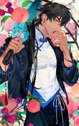 Rule 34 | 1boy, absurdres, black hair, black jacket, chinese clothes, dark skin, ear piercing, food, fruit, gyou chin, highres, holding, holding umbrella, jacket, looking at viewer, low ponytail, male focus, muscular, original, peach, pectorals, piercing, shirt, thick eyebrows, umbrella, white shirt, yellow eyes