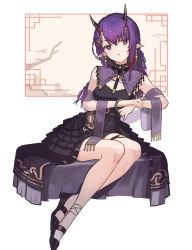 Rule 34 | 1girl, arknights, black dress, black footwear, breasts, closed mouth, dress, full body, hair between eyes, head tilt, highres, horns, lava (arknights), lava the purgatory (arknights), lava the purgatory (dusk wisteria) (arknights), layered dress, looking at viewer, mabing, medium breasts, official alternate costume, pleated dress, pointy ears, purple eyes, purple hair, see-through, shoes, sitting, sleeveless, sleeveless dress, solo, white background
