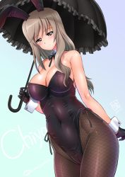 Rule 34 | 1girl, alternate costume, animal ears, bare shoulders, black gloves, black leotard, blush, breasts, brown eyes, character name, cleavage, covered navel, dated, detached collar, fake animal ears, fishnet pantyhose, fishnets, girls und panzer, gloves, highleg, highleg leotard, impossible clothes, impossible leotard, kamogawa tanuki, large breasts, leotard, light brown hair, long hair, mature female, pantyhose, parasol, playboy bunny, rabbit ears, ribbon, shimada chiyo, side-tie leotard, signature, smile, solo, umbrella, wrist cuffs