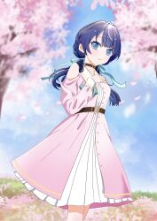 Rule 34 | 1girl, belt, blue eyes, blue hair, blue ribbon, blue sky, blurry, blurry background, brown belt, brown choker, cherry blossoms, choker, closed mouth, clothing cutout, collared dress, commentary, dark blue hair, dress, dress ribbon, falling petals, feet out of frame, gradient dress, hair ribbon, hand on own chest, highres, hikari wind0919, link! like! love live!, long hair, long sleeves, looking at viewer, love live!, low twintails, murano sayaka, open clothes, open dress, petals, pink dress, pink petals, pleated dress, ribbon, shoulder cutout, sky, smile, solo, split mouth, standing, twintails, virtual youtuber, white dress