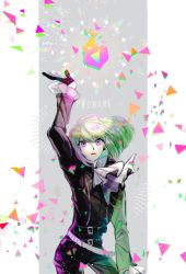 Rule 34 | 1boy, androgynous, belt, black gloves, black jacket, copyright name, gloves, green hair, grey background, hand up, highres, jacket, leather, leather jacket, lio fotia, lukiarab, male focus, multiple belts, pillarboxed, promare, purple eyes, short hair, solo, standing, triangle