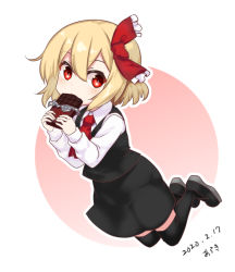Rule 34 | 1girl, araki (qbthgry), artist name, black footwear, black skirt, black thighhighs, blonde hair, blouse, bow, bowtie, chocolate, eating, frilled bow, frills, full body, hair bow, hair ribbon, looking at viewer, necktie, red bow, red eyes, red neckwear, red ribbon, ribbon, rumia, shirt, shoes, short hair, skirt, skirt set, solo, thighhighs, touhou, vest, white shirt, wing collar