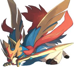 Rule 34 | blue fur, brown eyes, chorefuji, claws, creatures (company), game freak, gen 8 pokemon, holding sword, legendary pokemon, looking to the side, mouth hold, nintendo, no humans, pokemon, pokemon (creature), simple background, solo, sword, weapon, white background, wolf, zacian, zacian (crowned)