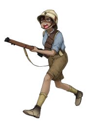 Rule 34 | 1girl, absurdres, anyan (jooho), blue shirt, bolt action, brown eyes, brown footwear, brown hair, brown shorts, brown socks, buttons, dark-skinned female, dark skin, full body, gun, helmet, highres, holding, holding weapon, lee-enfield, military, military uniform, open mouth, original, pith helmet, pouch, rifle, running, shirt, shirt tucked in, shoes, shorts, simple background, sleeves rolled up, socks, solo, suspenders, teeth, uniform, weapon, white background, world war i
